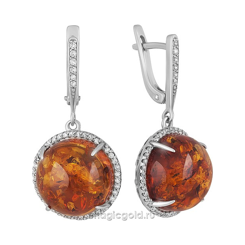 Серебряные серьги с янтарем и фианитом № 151425