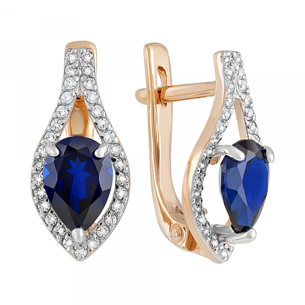 Золотые серьги с сапфиром иск.выр. и фианитом № 129948