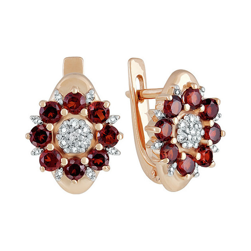 Золотые серьги с гранатом и фианитом № 135156