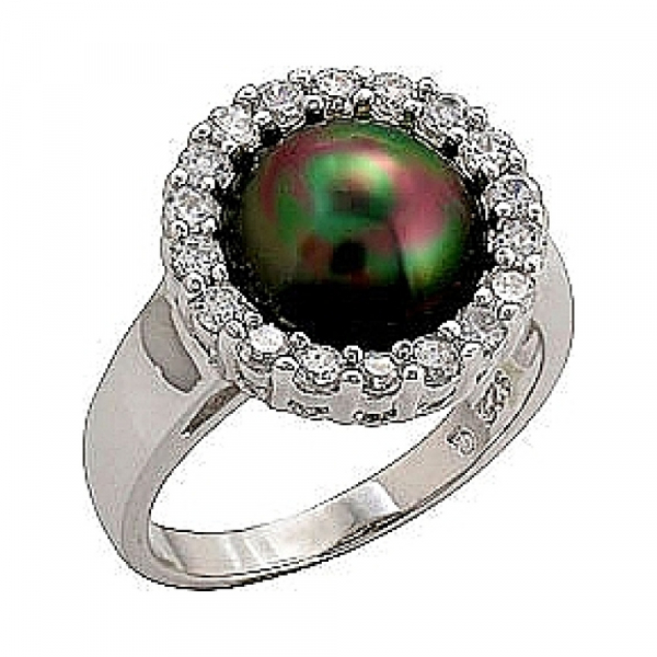 Серебряное кольцо с имитац. жемчуга и фианитом № 70693