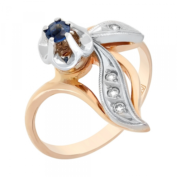 Золотое кольцо с бриллиантом и сапфиром № 4264