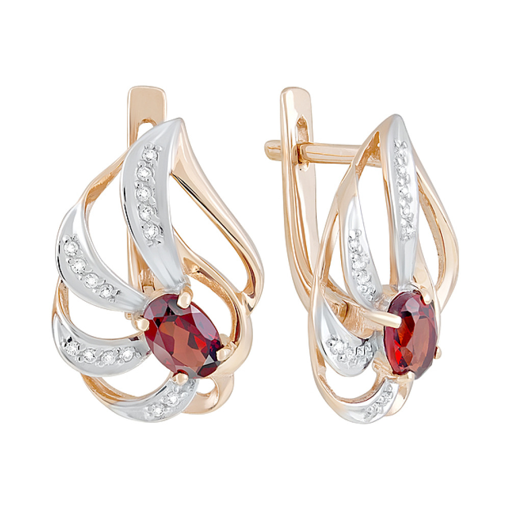 Золотые серьги с гранатом и фианитом № 126570