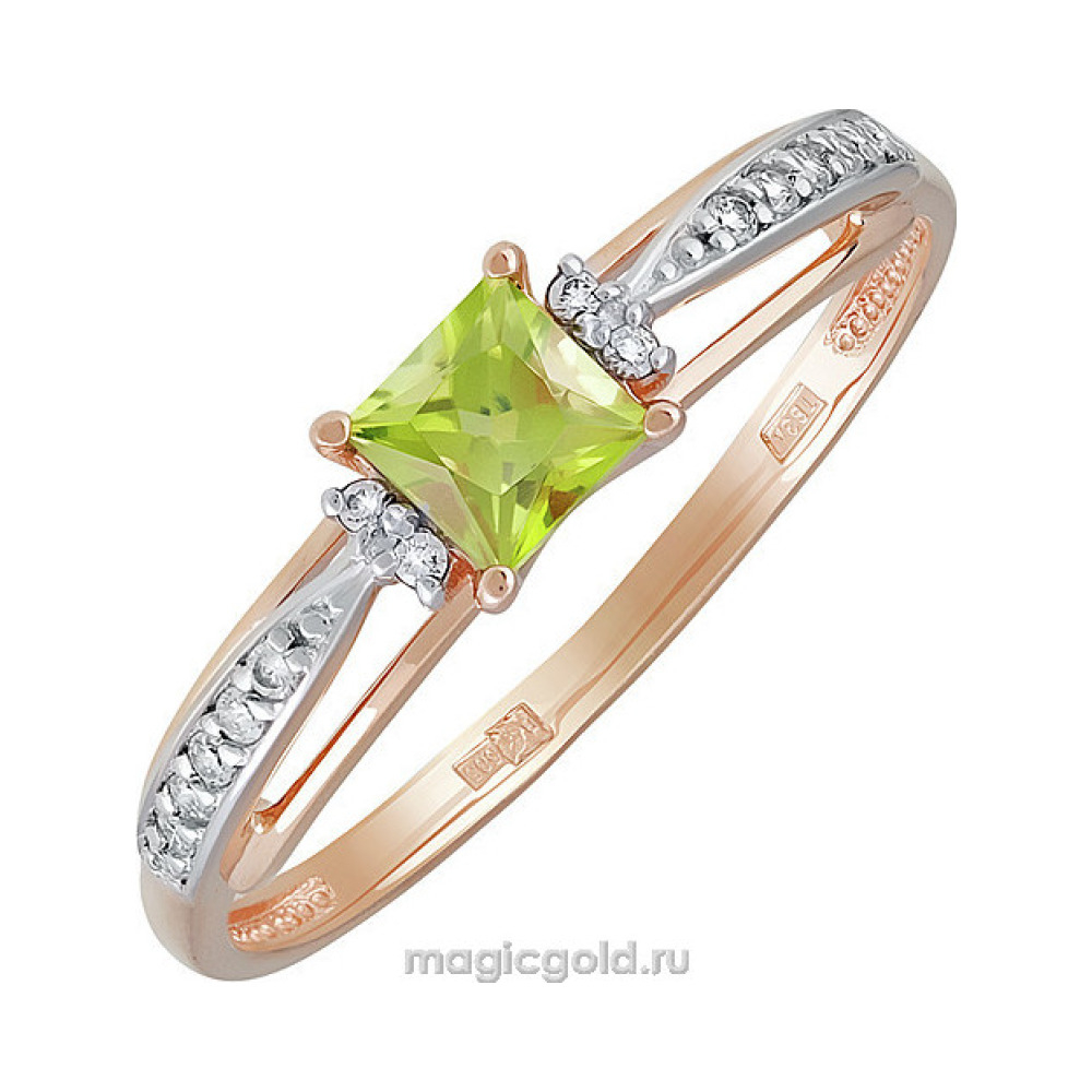 Золотое кольцо с хризолитом и фианитом № 139764