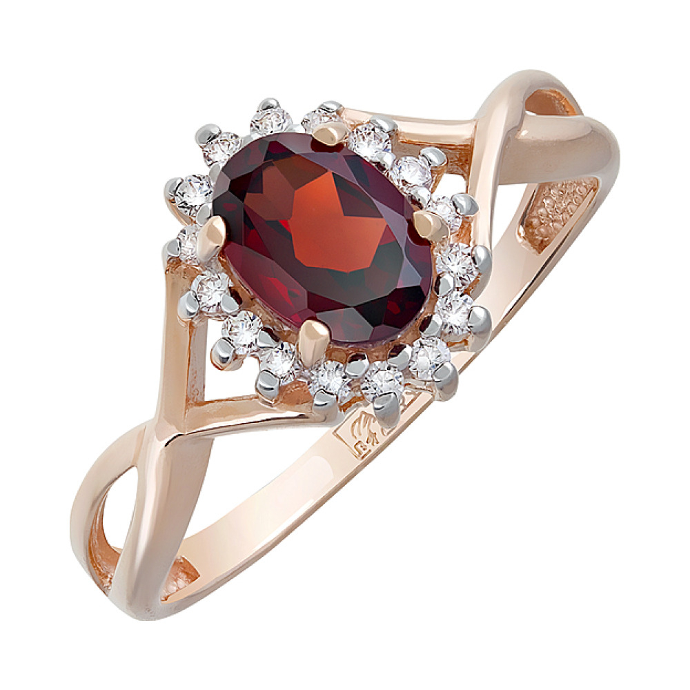 Золотое кольцо с гранатом и фианитом № 126370