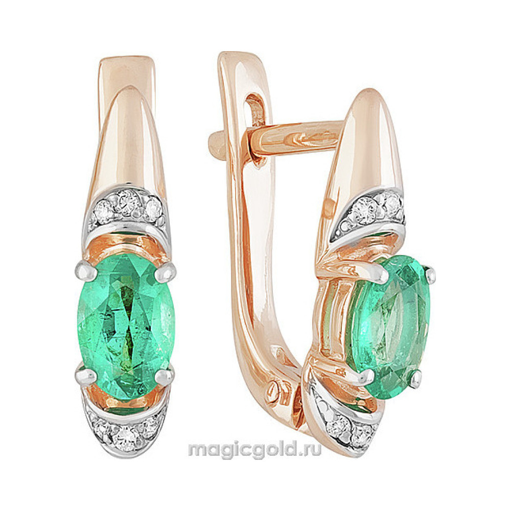 Золотые серьги с бриллиантом и изумрудом № 161843