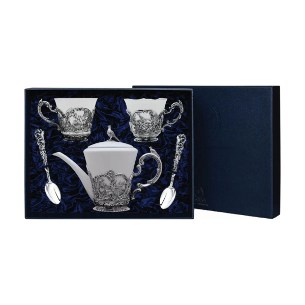 Набор Королевская охота: ложка, чашка, чайник из серебра 925 пробы