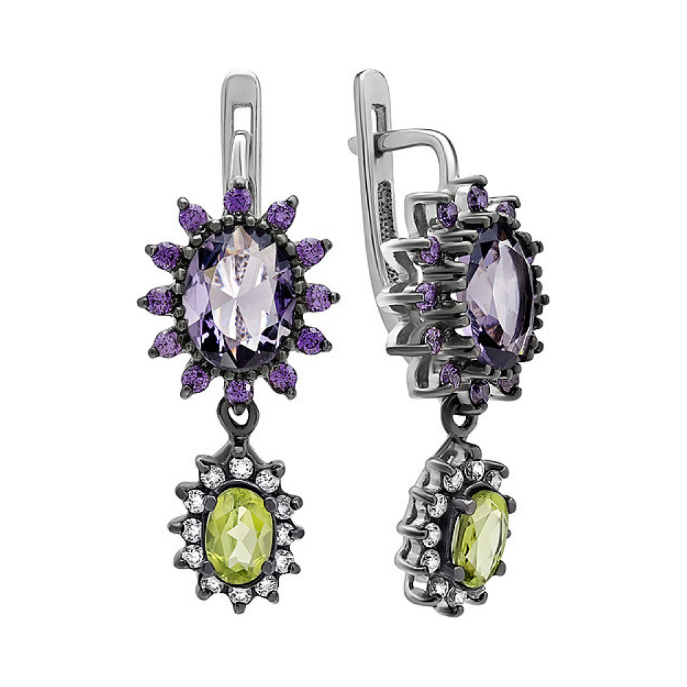 Серебряные серьги с хризолитом, алпанитом и фианитом № 134561