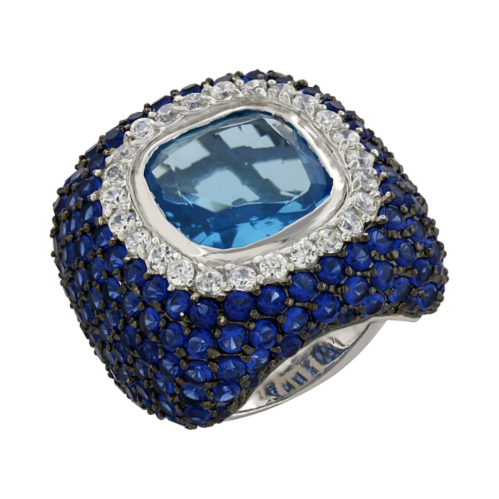 Серебряное кольцо с имитац. аквамарина и фианитом № 82470