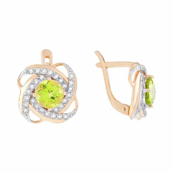 Золотые серьги с хризолитом и фианитом № 81303