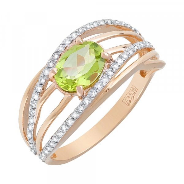 Золотое кольцо с хризолитом и фианитом № 119552