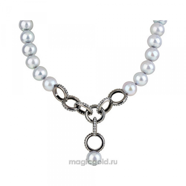 Серебряное колье с жемчугом,  фианитом и черн.покрытием № 138076