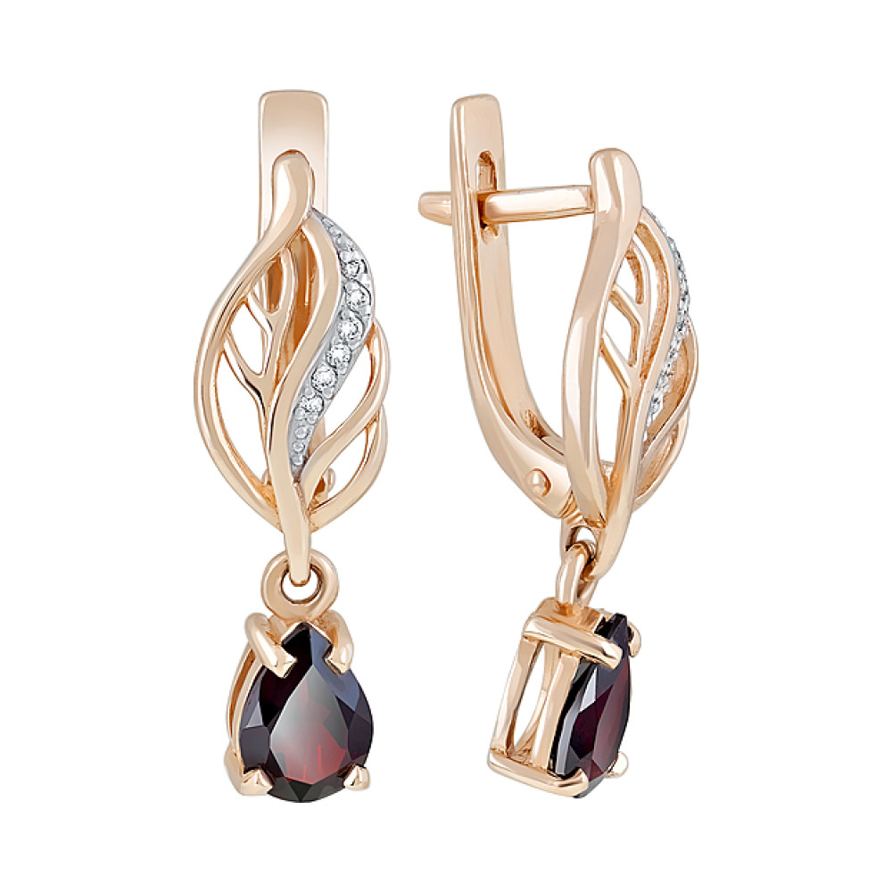 Золотые серьги с гранатом и фианитом № 121117