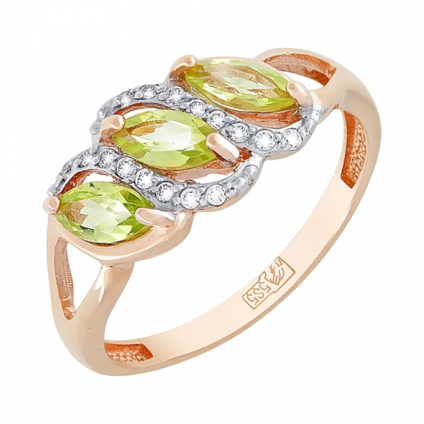 Золотое кольцо с хризолитом и фианитом № 117968