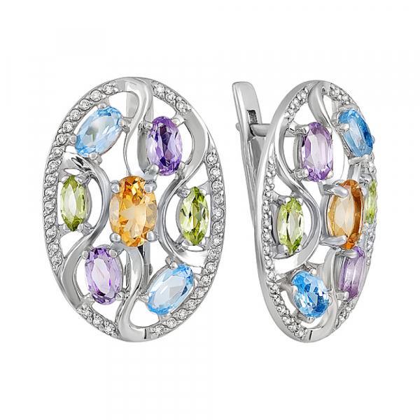 Серебряные серьги с полудрагоценными вставками и фианитом № 131480