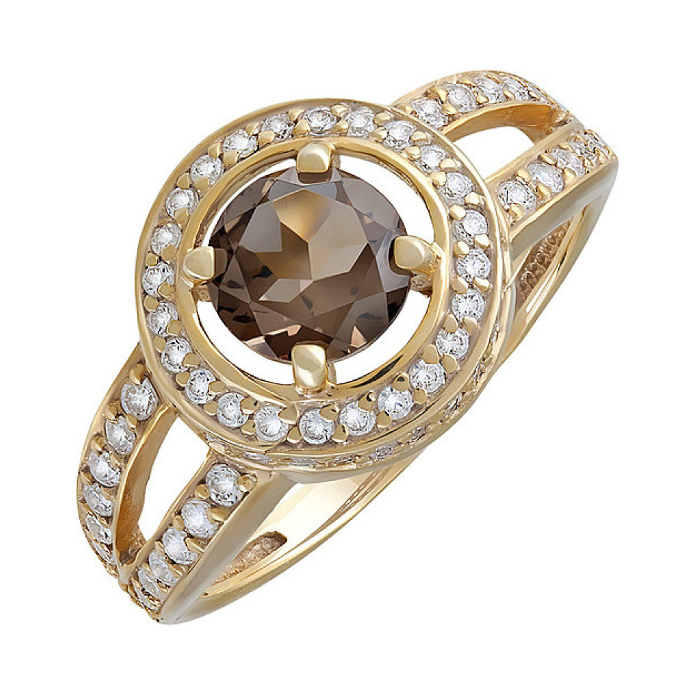 Серебряное кольцо с раухтопазом, фианитом и золотым покрытием № 132613