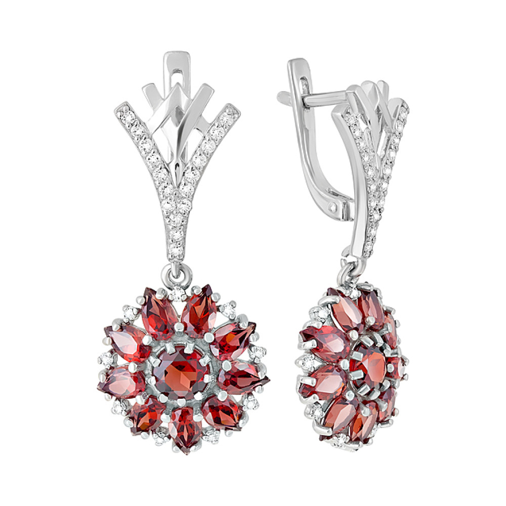 Серебряные серьги с гранатом и фианитом № 123283