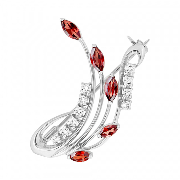 Серебряная брошь с гранатом и фианитом № 123895