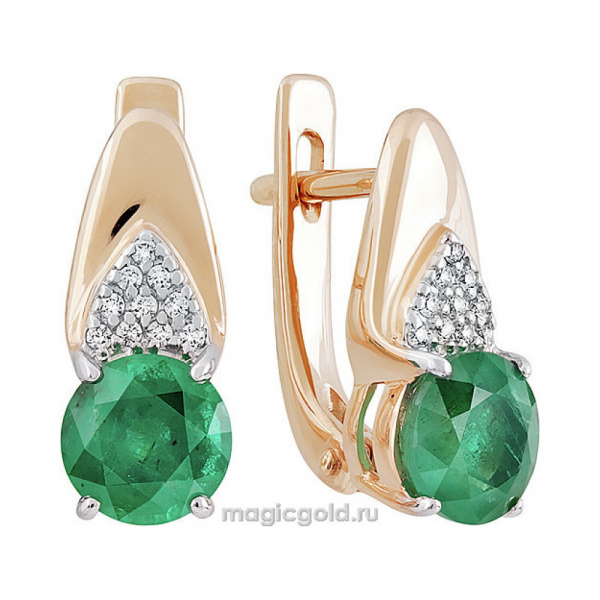 Золотые серьги с бриллиантом и изумрудом № 140266