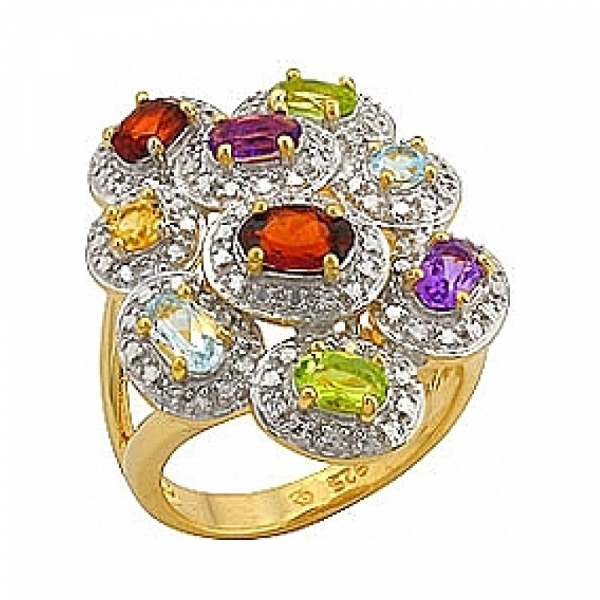Серебряное кольцо с топазом, аметистом, цитрином, хриз., гранатом и зол.покрытием № 70734