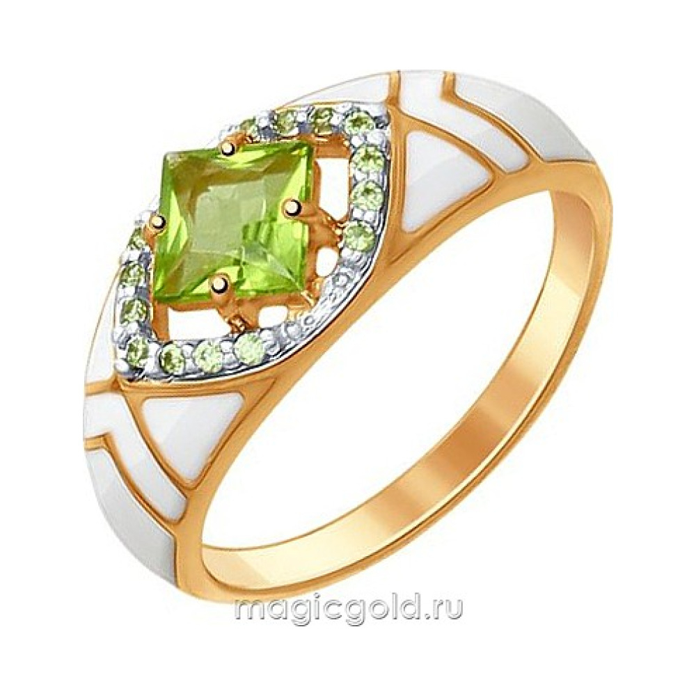 Серебряное кольцо с хризолитом, фианитом, эмалью и золотым покрытием № 142614
