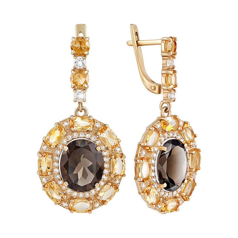 Серебряные серьги с полудрагоценными вставками, фианитом и золотым покрытием № 133180