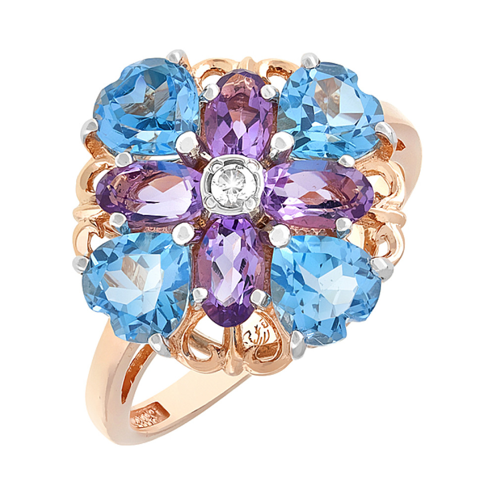 Золотое кольцо с полудрагоценными вставками и фианитом № 113112