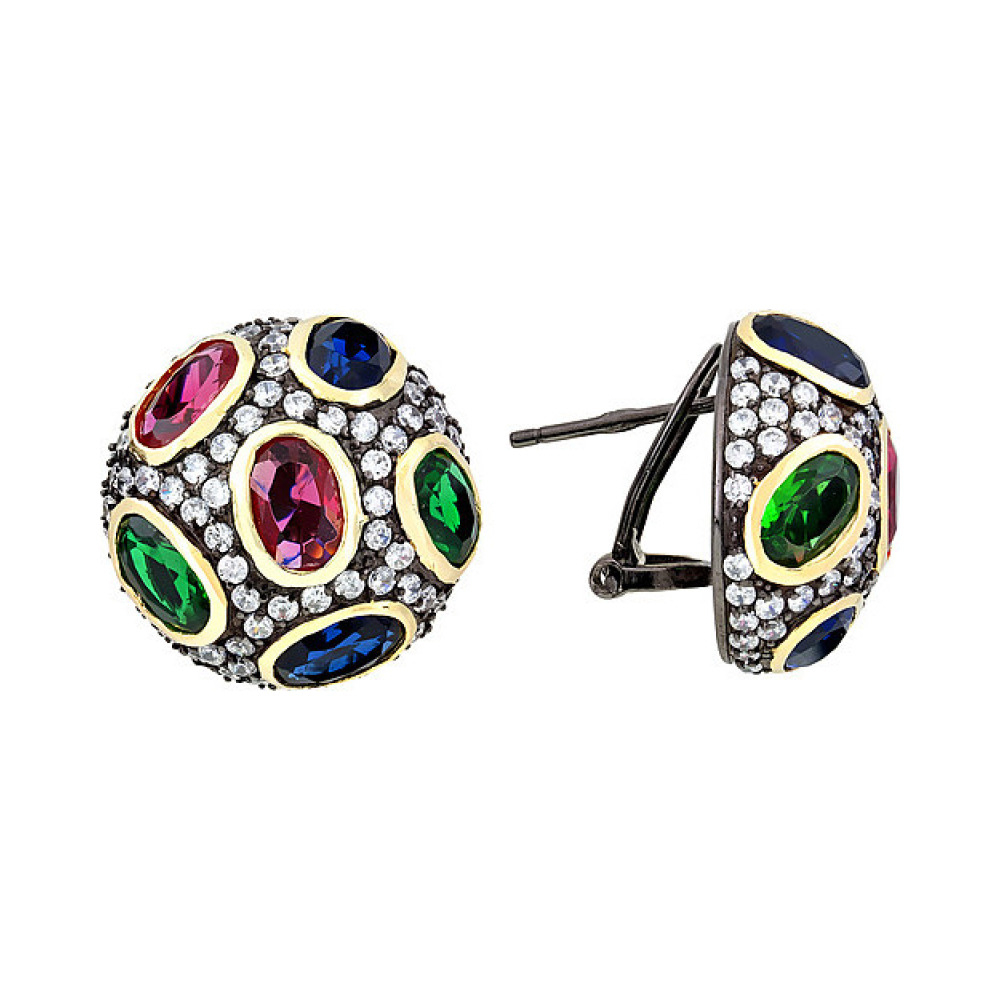 Серебряные серьги с фианитом черным и золотым покрытием № 115602