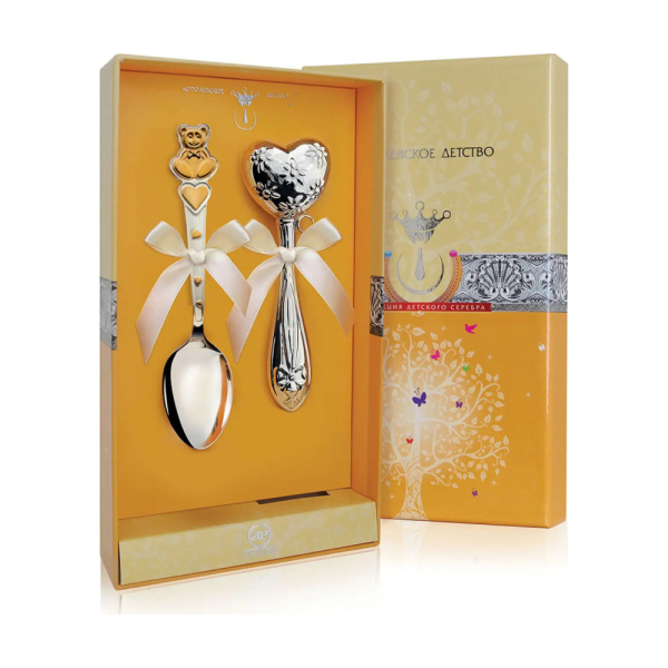 Набор для малышей Медвежонок: ложка, погремушка из серебра 925 пробы