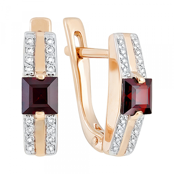 Золотые серьги с гранатом и фианитом № 128698