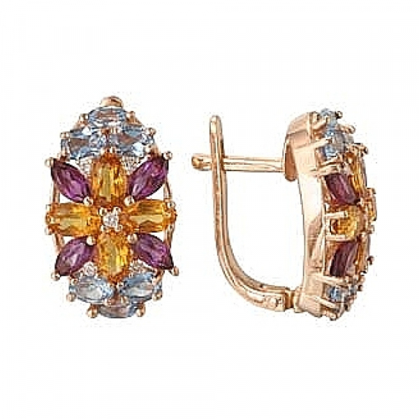 Золотые серьги с бриллиантом, топазом, аметистом и цитрином № 8830