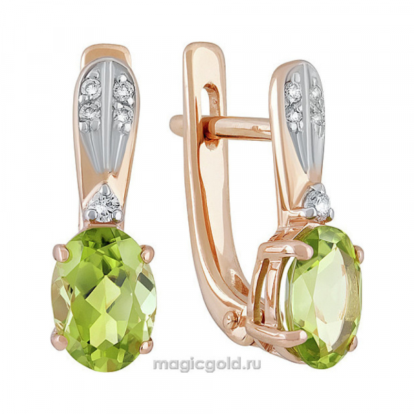 Золотые серьги с хризолитом и фианитом № 139811
