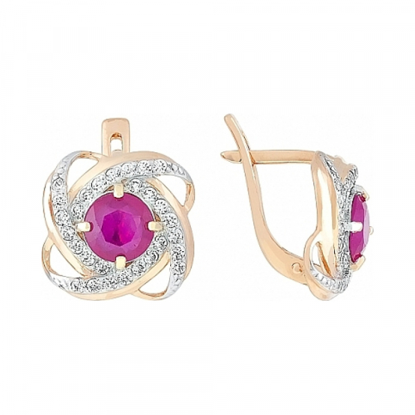 Золотые серьги с рубином и фианитом № 114210
