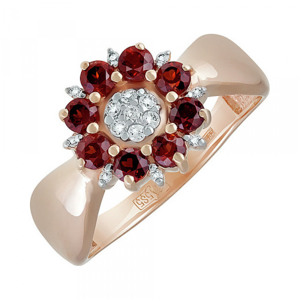 Золотое кольцо с гранатом и фианитом № 135081
