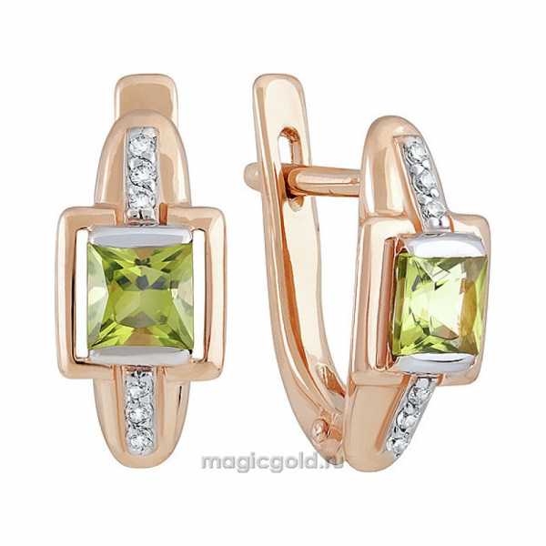 Золотые серьги с хризолитом и фианитом № 139807