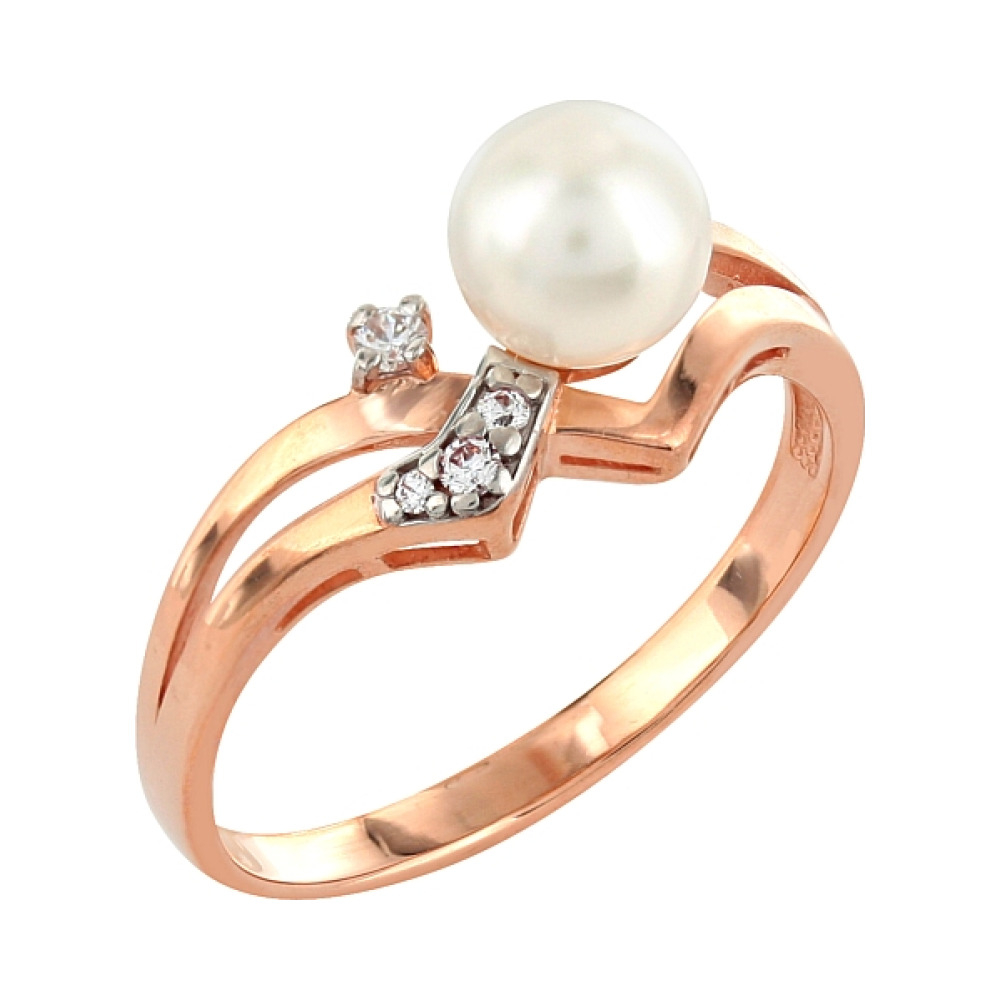 Золотое кольцо с жемчугом и фианитом № 85424
