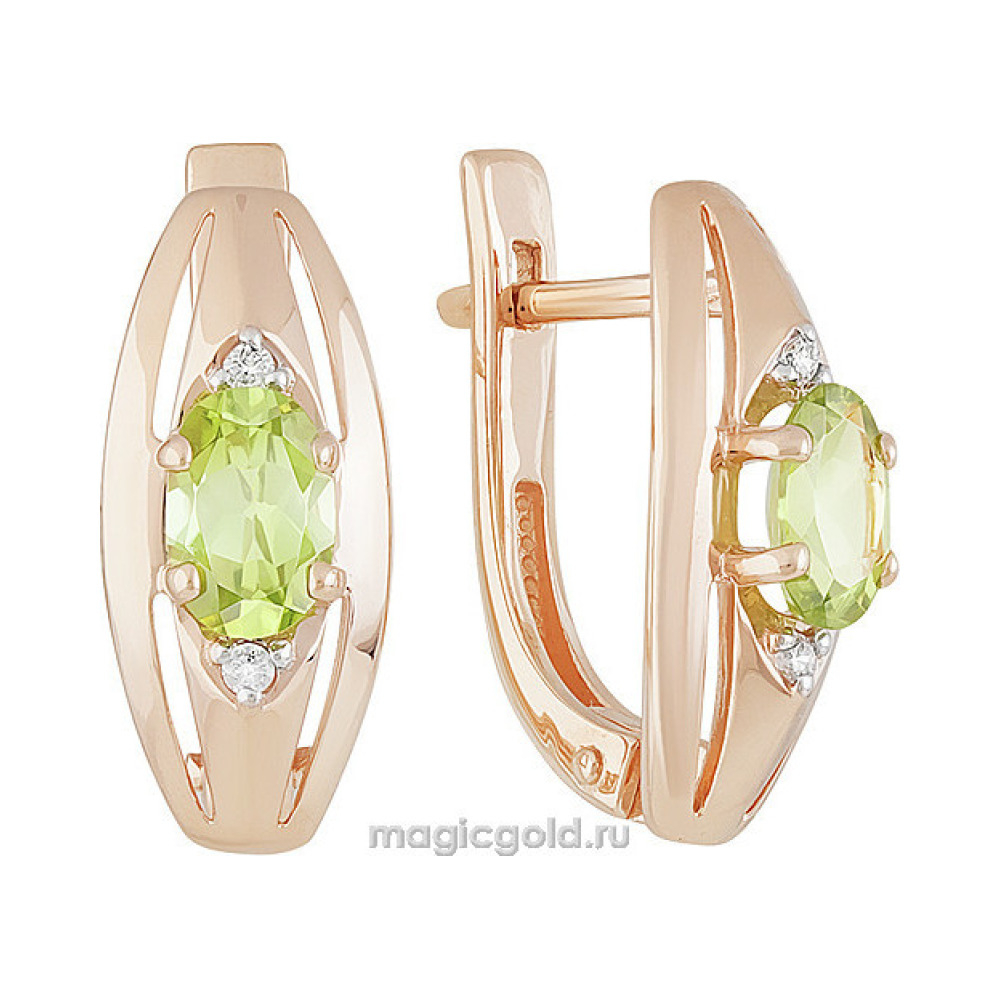 Золотые серьги с хризолитом и фианитом № 142198
