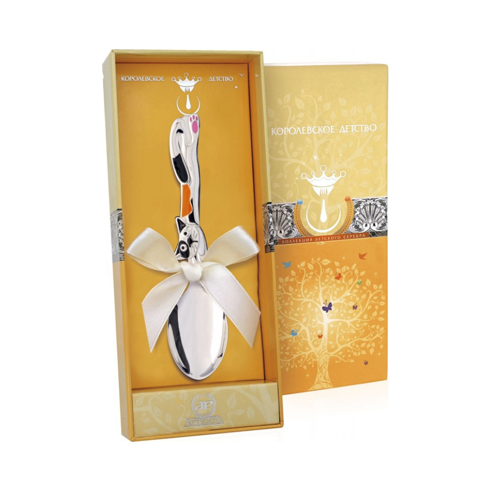 Детская серебряная ложка «Котик» с эмалью