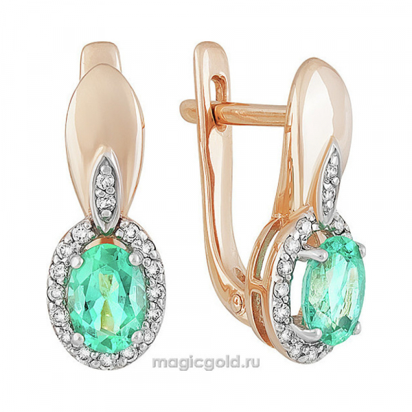 Золотые серьги с бриллиантом и изумрудом № 159115