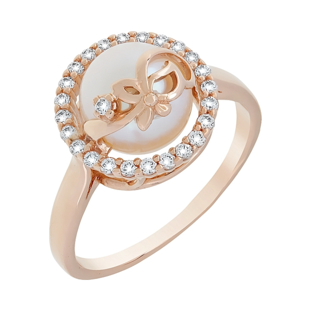 Золотое кольцо с жемчугом и фианитом № 104234