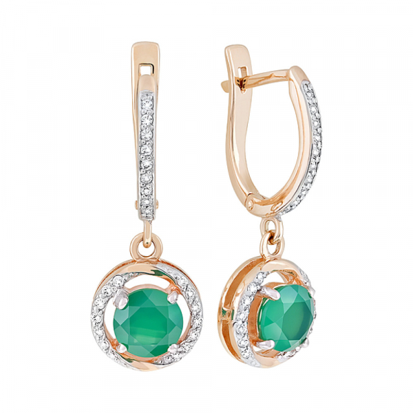 Золотые серьги с зелёным ониксом и фианитом № 127933