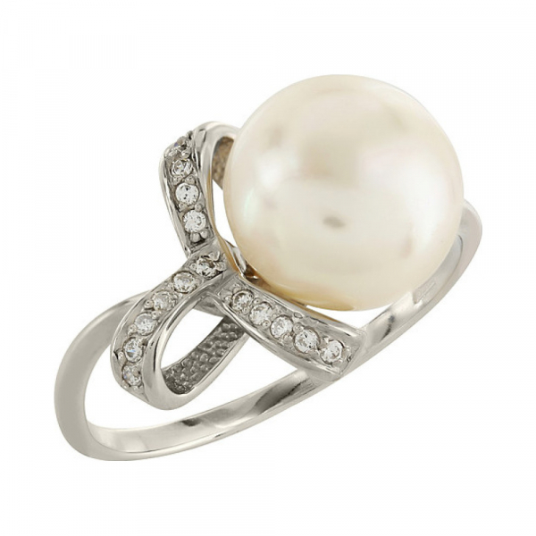 Золотое кольцо с жемчугом и фианитом № 103525