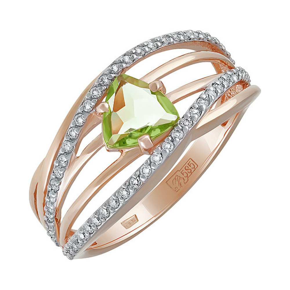 Золотое кольцо с хризолитом и фианитом № 134475