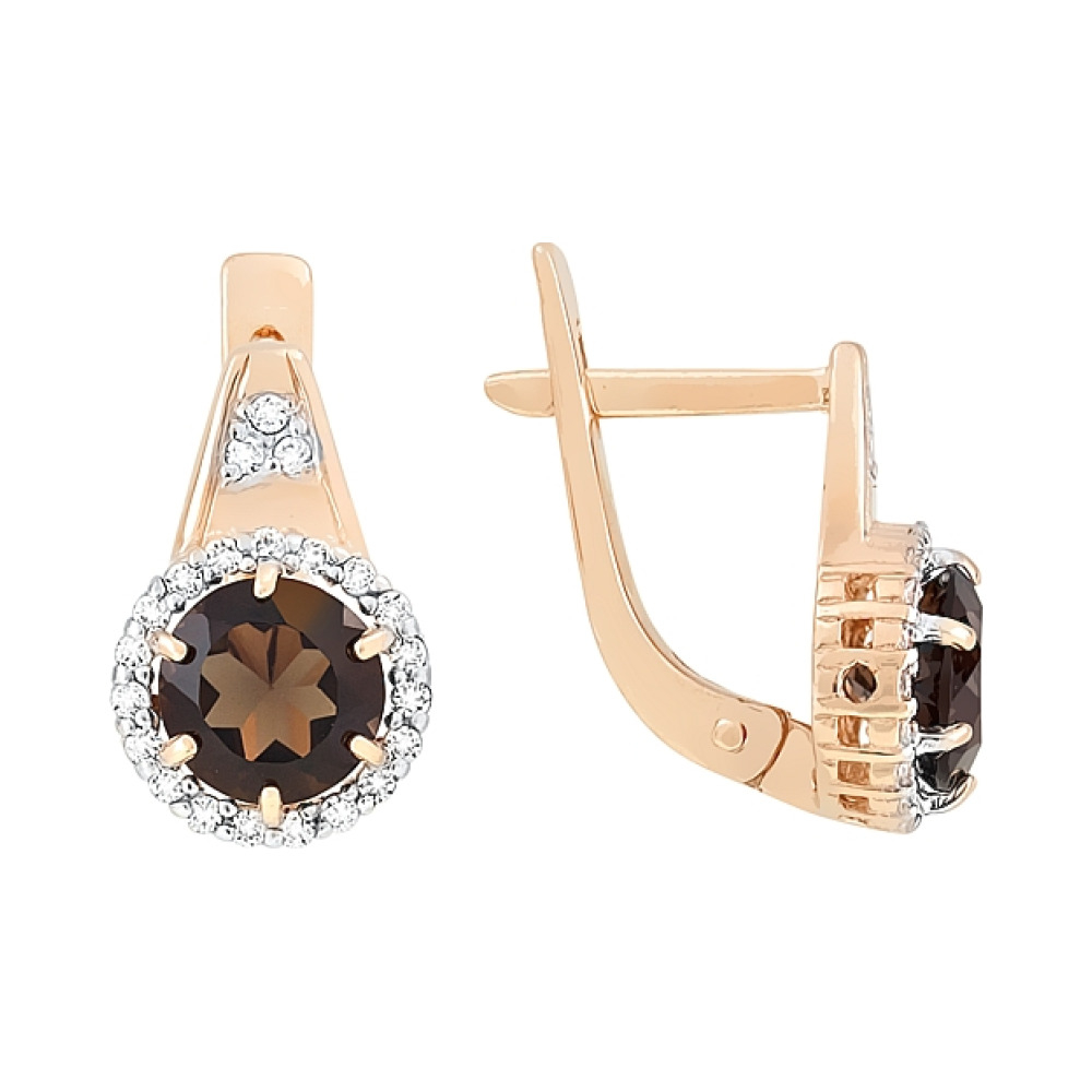 Золотые серьги с раухтопазом и фианитом № 113338