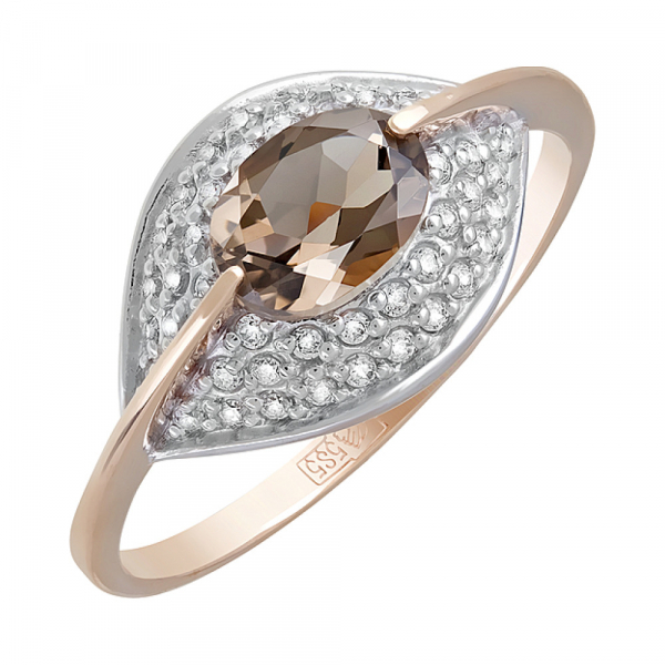 Золотое кольцо с раухтопазом и фианитом № 122906