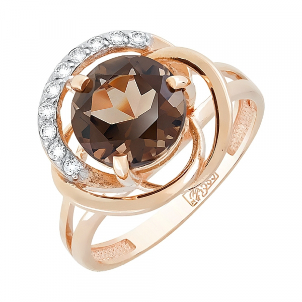 Золотое кольцо с раухтопазом и фианитом № 117684