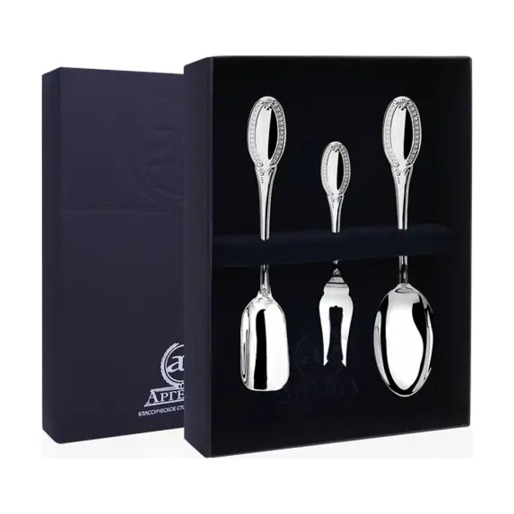 Набор чайный Император: вилка для лимона, Ложка чайная, совок для сахара. Набор на 3 предмета из серебра 925 пробы