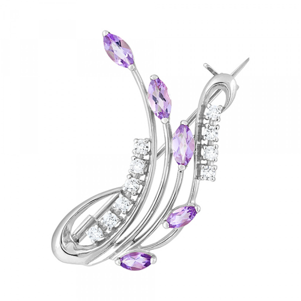 Серебряная брошь с аметистом и фианитом № 123897
