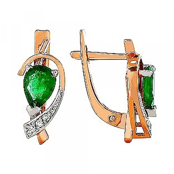 Золотые серьги с бриллиантом и изумрудом № 84438