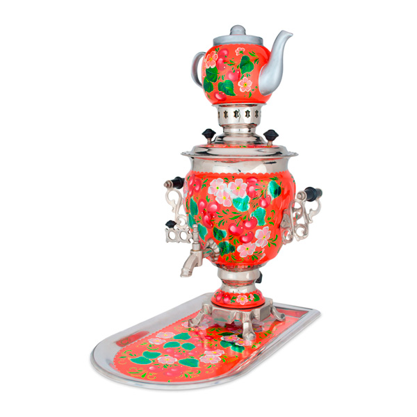 Самовар электрический "желудь", 3 литра, вишневая роспись, с подносом