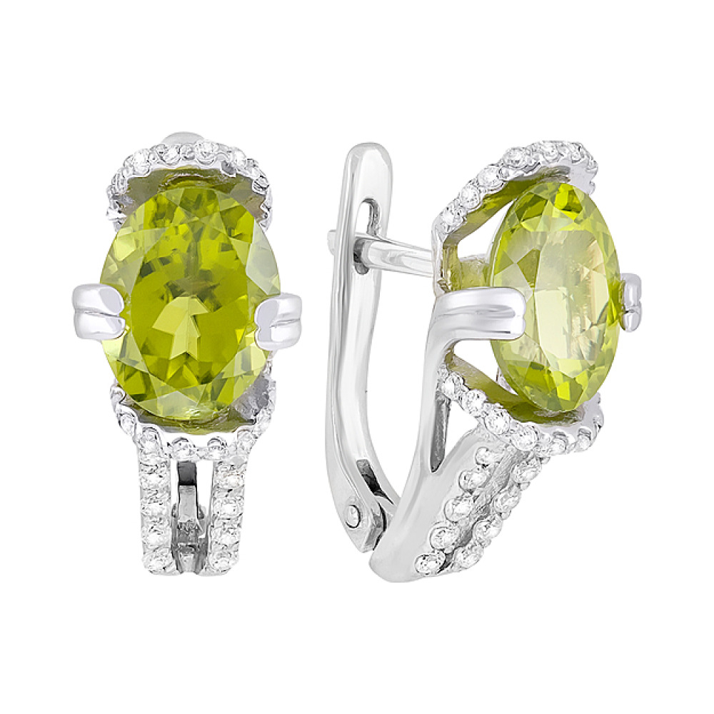 Серебряные серьги с хризолитом и фианитом № 123309